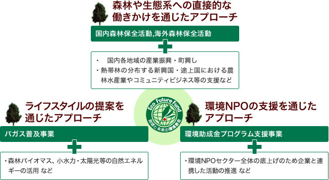 森林や生態系への直接的な働きかけを通じたアプローチ ライフスタイルの提案を通じたアプローチ 環境NPOの支援を通じたアプローチ